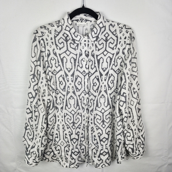 J Jill Geometric Print 100% Linen Button Up Blouse Size Small - Picture 1 of 7